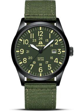 LN LENQIN Men's Green Classic Military Analog Quartz Waterproof Nylon Band Watch